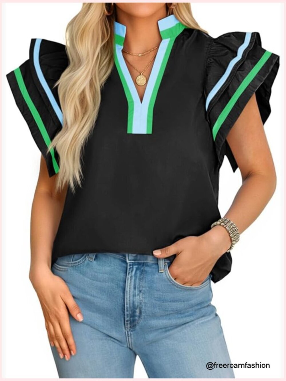 Ruffle Cap Sleeve Color Block Blouse Summer Casual Loose Fit Tunic Top